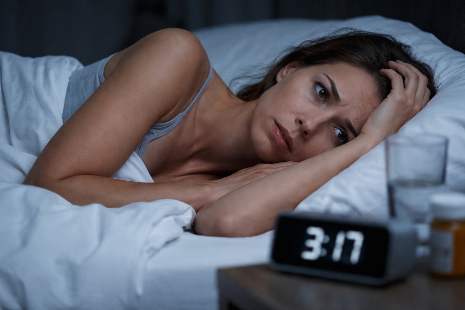 Frau liegt nachts wach im Bett, Uhr zeigt 3:17